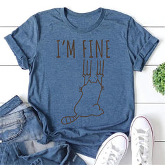 I'm Fine Letter Cat's Back Print Women Slogan T-Shirt