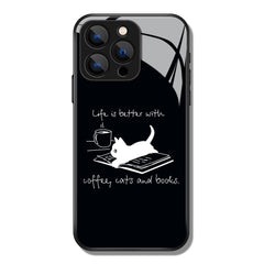 Life Is Better With Coffee Cats And Books Letter Pattern Premium Black Apple Samsung Phone Case