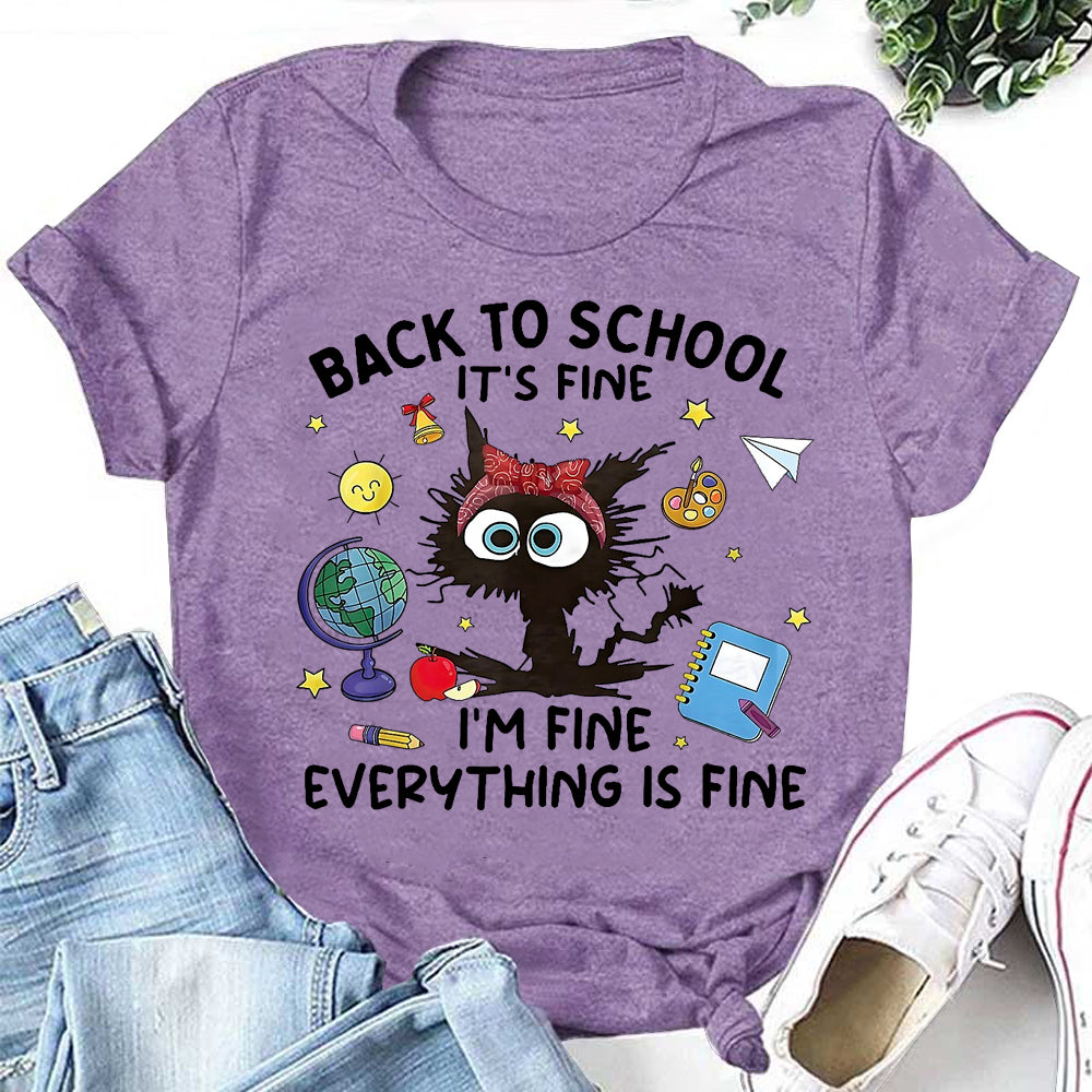 Back To School It's Fine Letter Cat Print Women Slogan T-Shirt