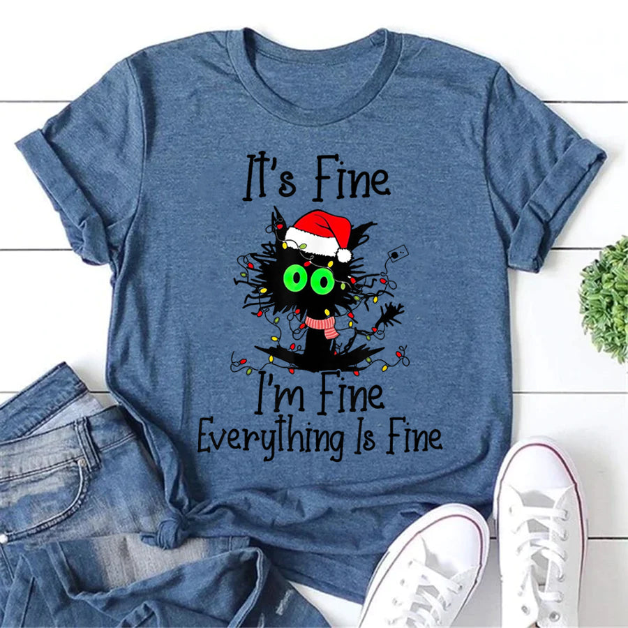 It's Fine I'm Fine Christmas Green Eye Cat Print Women Slogan T-Shirt