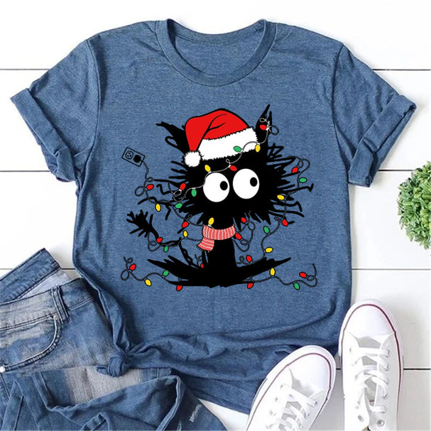 T-shirt avec slogan pour femme, joli chat de Noël imprimé