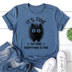 It's Fine I'm Fine Letter Fluffy Cat Print Women Slogan T-Shirt